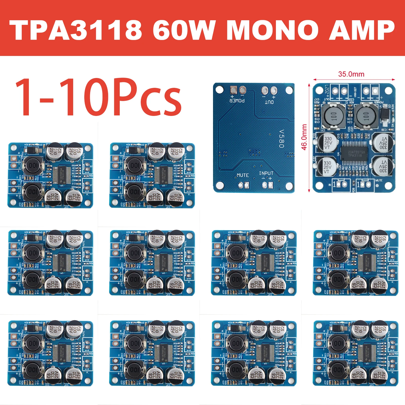 1-10Pcs TPA3118 60W Mono Class D Audio Amp Board Digital Power Module DC 8-24V for Subwoofer Car Audio DIY Speaker Electronics