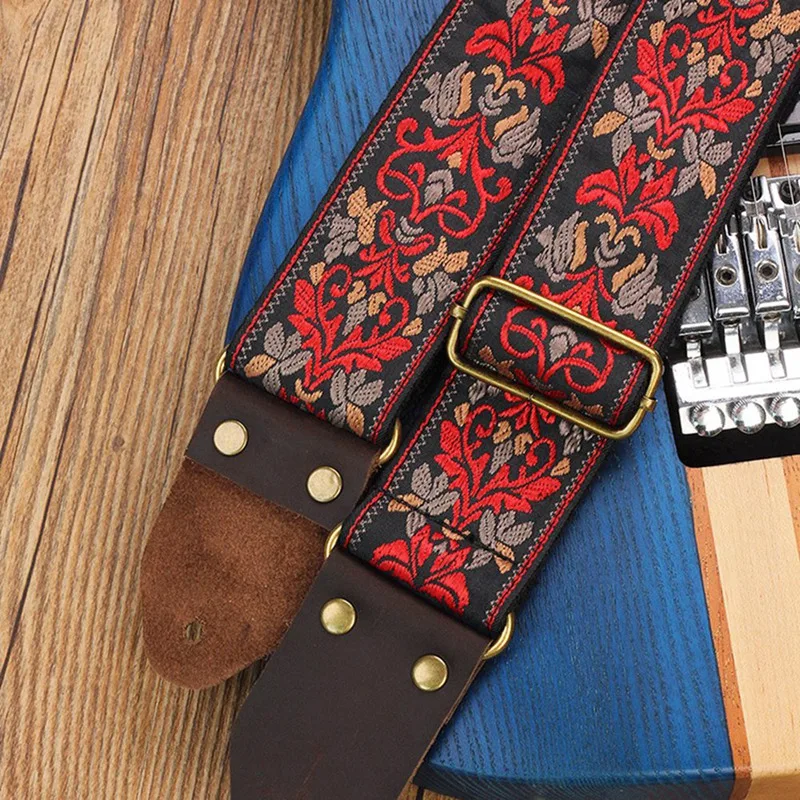 Guitar Ukulele Strap Embroidered Guitar Strap Leather Head Bass Shoulder Strap Electric Guitar Accessories