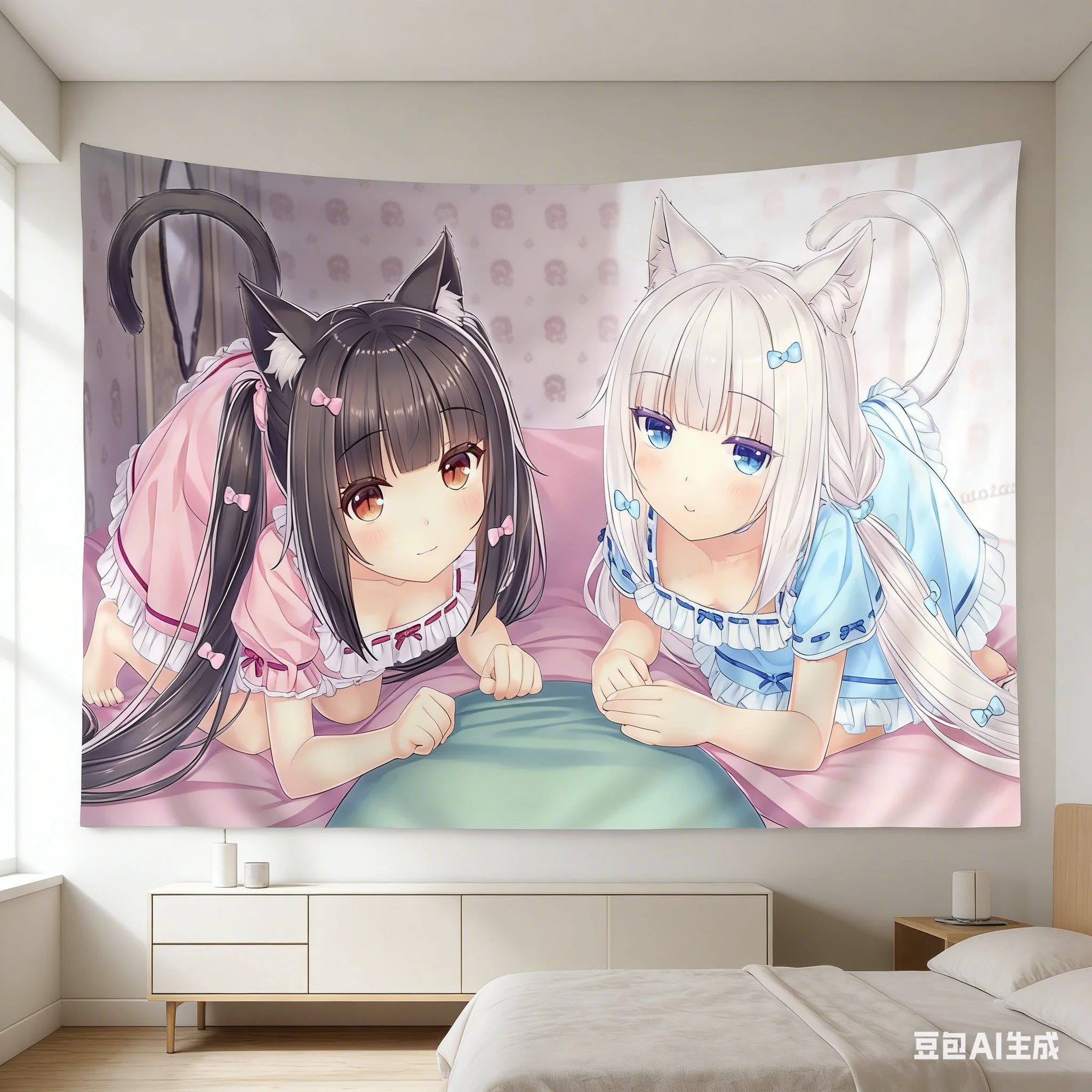 1 Stück Nekopara Chocola Vanilla Wandteppich, niedlicher Wandbehang mit Katzenmädchen-Motiv, Polyester-2D-Druck, Kawaii-Anime-Dekoration für Schlafzimmer, Geschenk