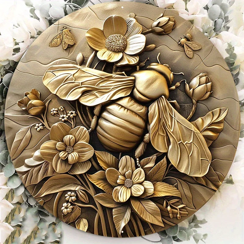 

1pc Round Aluminum Metal Sign, Creative Bee Pattern Wall Art Metal Sign, Suitable For Home And Office Room Decoration posters