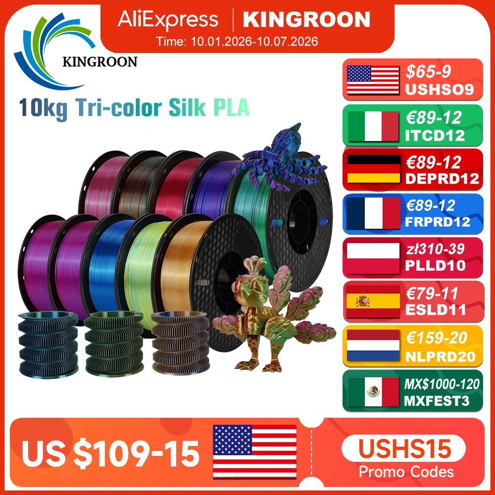 Stampante 3D con filamento PLA tricolore in seta KINGROON 1,75 mm 1 kg/rotolo Filamento PLA in seta Materiale plastico Stampa 3D Colore speciale