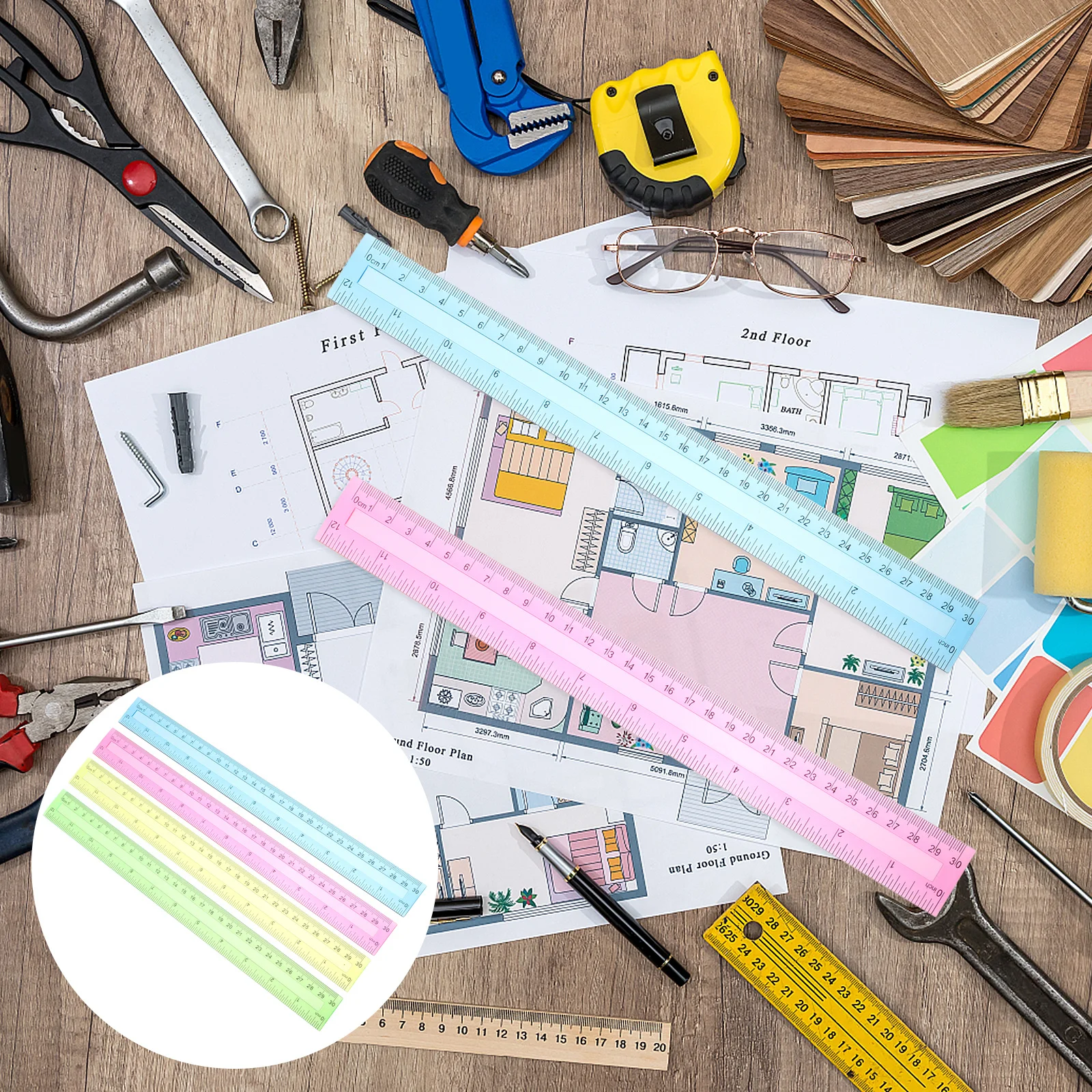 16Pcs 12 Inch Plastic Straight Rulers Colorful Transparent Measurement Tools for Students Plastic Straight Rulers