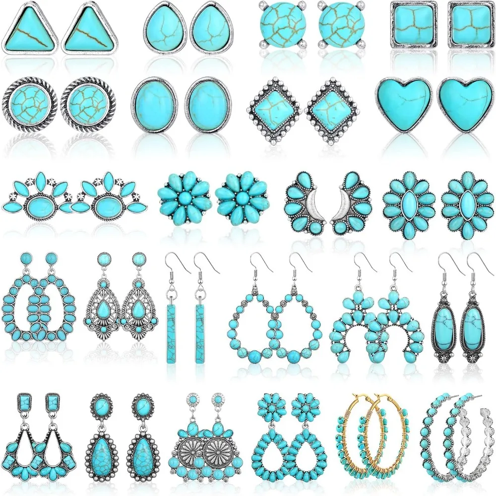 

24 Pairs Turquoise Earrings Set for Women Bohemian Teardrop Dangle Stud Vintage Oval Jewelry Gifts