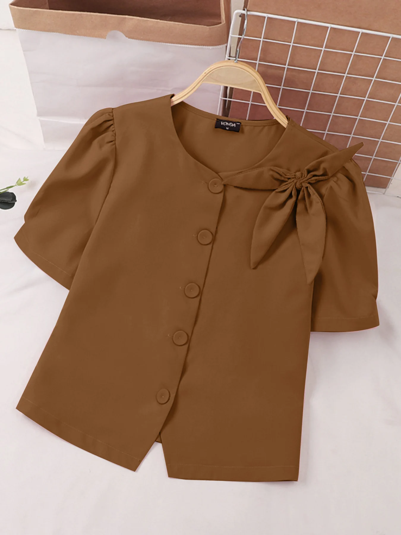 

2025 VONDA Elegant Fashion Women Summer Shirts Short Sleeve Bow Blouses Casual Solid Color Buttons Tunic Tops Blusas Femininas