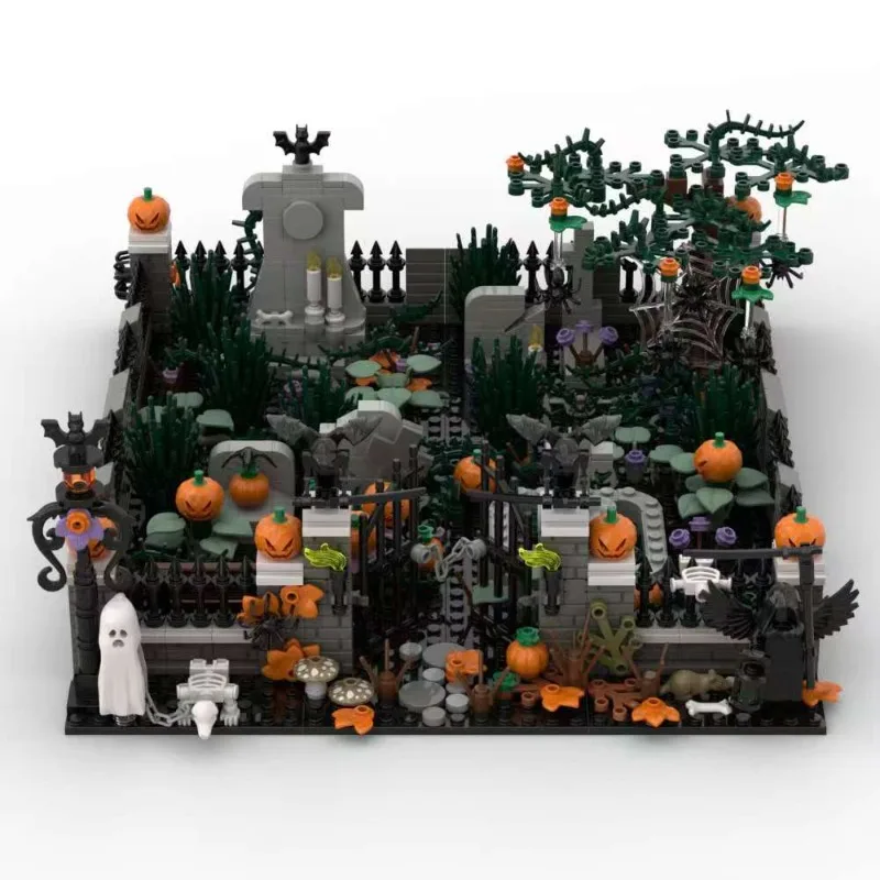 Halloween Cemetery Street MOC Building Blocks, Ghost & Reaper Minifigures, Patchwork Bricks Model, Desktop Ornament, DIY
