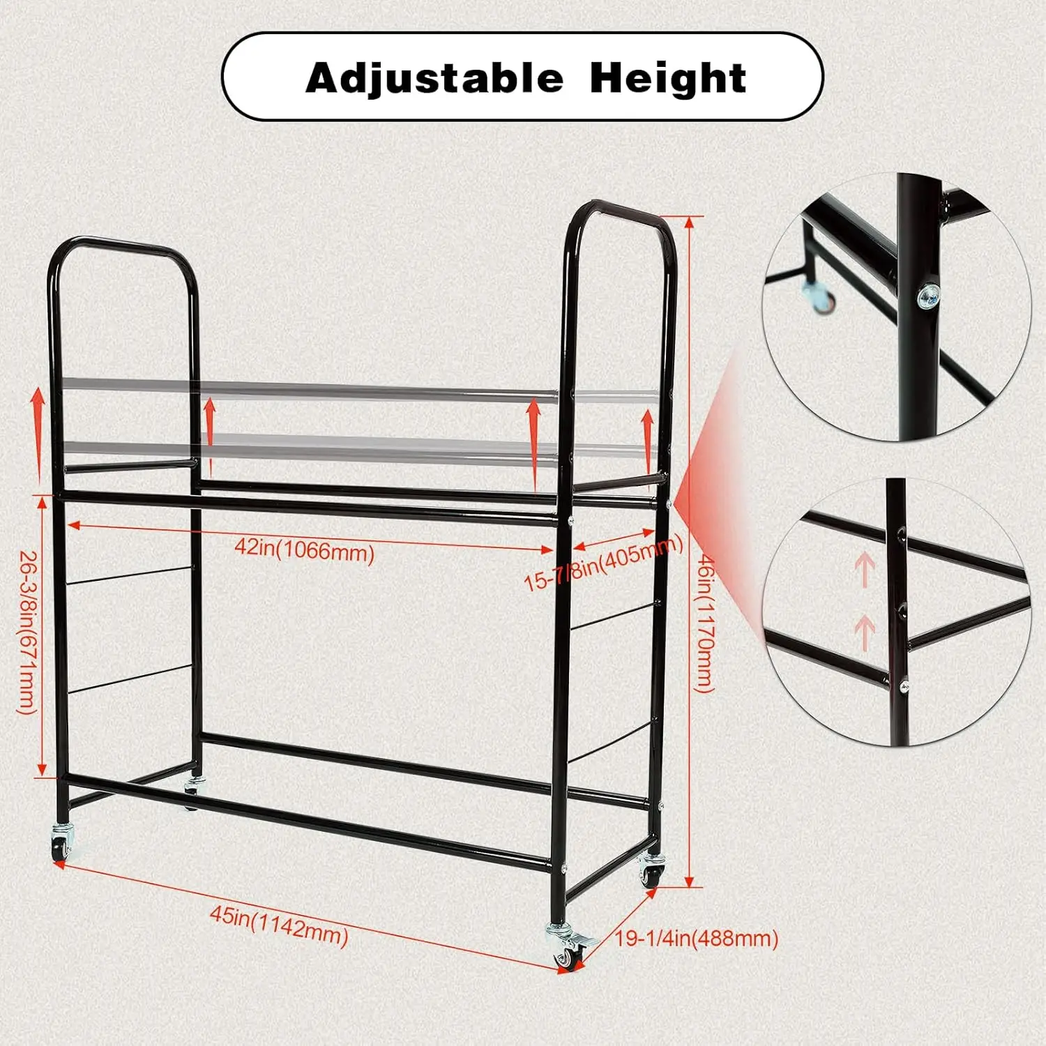 바퀴와 덮개가 있는 조절 가능한 타이어 보관 랙, 타이어 8개 수납 가능, 46'' x 19'' x 44'', 차고 선반