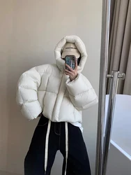 FIGOHR Women's Down Jacket 2024 New American Style Short Bread Jacket Solid Hooded Cropped Coat Female Thickned Topcoat Winter