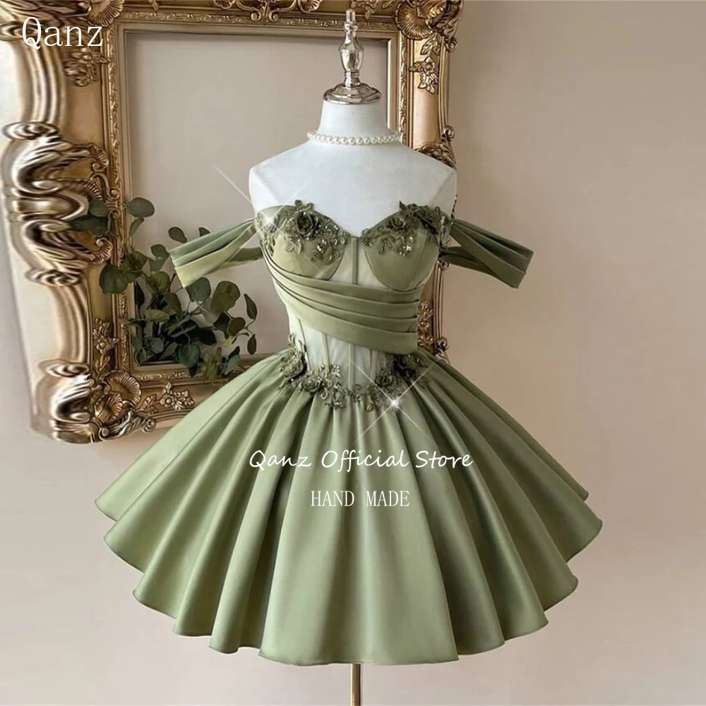 

Короткое выпускное платье Qanz Sage Green с открытыми плечами, А-силуэт, с аппликациями, без спинки, для дня рождения, на заказ