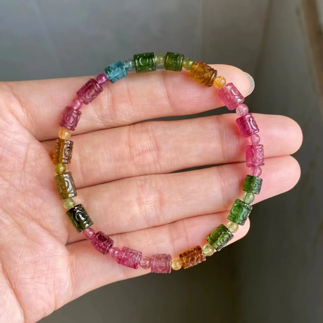 

Natural Colorful Tourmaline Carved Clear Barrel Beads Bracelet 5mm Brazil Women Men Rainbow Red Tourmaline AAAAAAA