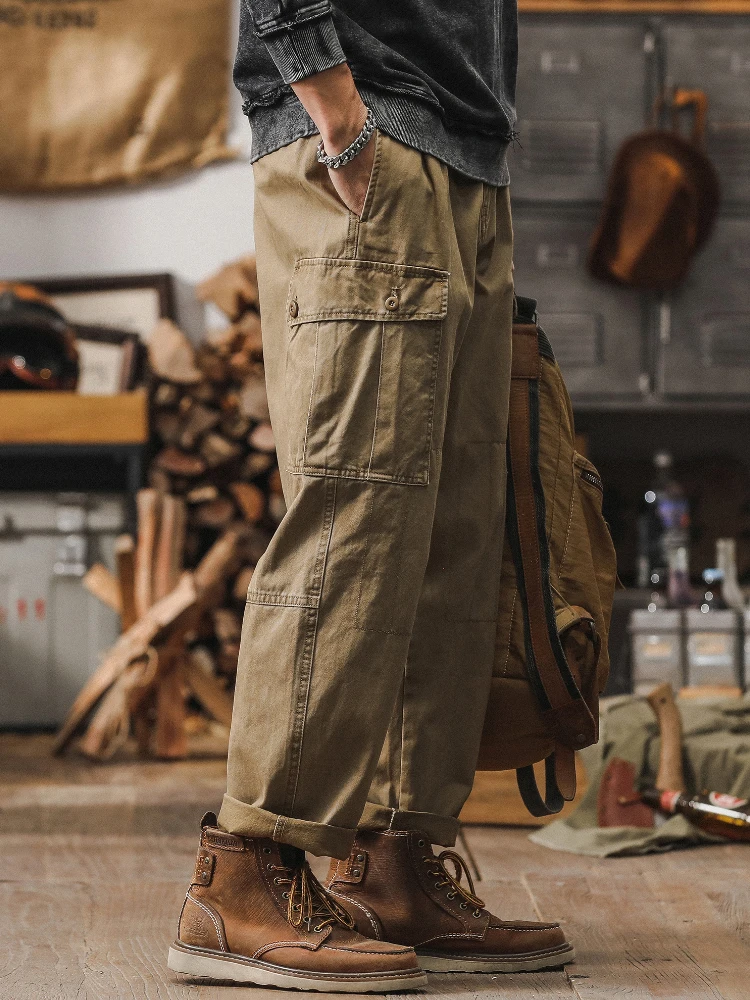 

American High Street Faion Workwear Pants Men's Loose Straight Leg Khaki Wide Leg Pants Waed Casual Pants