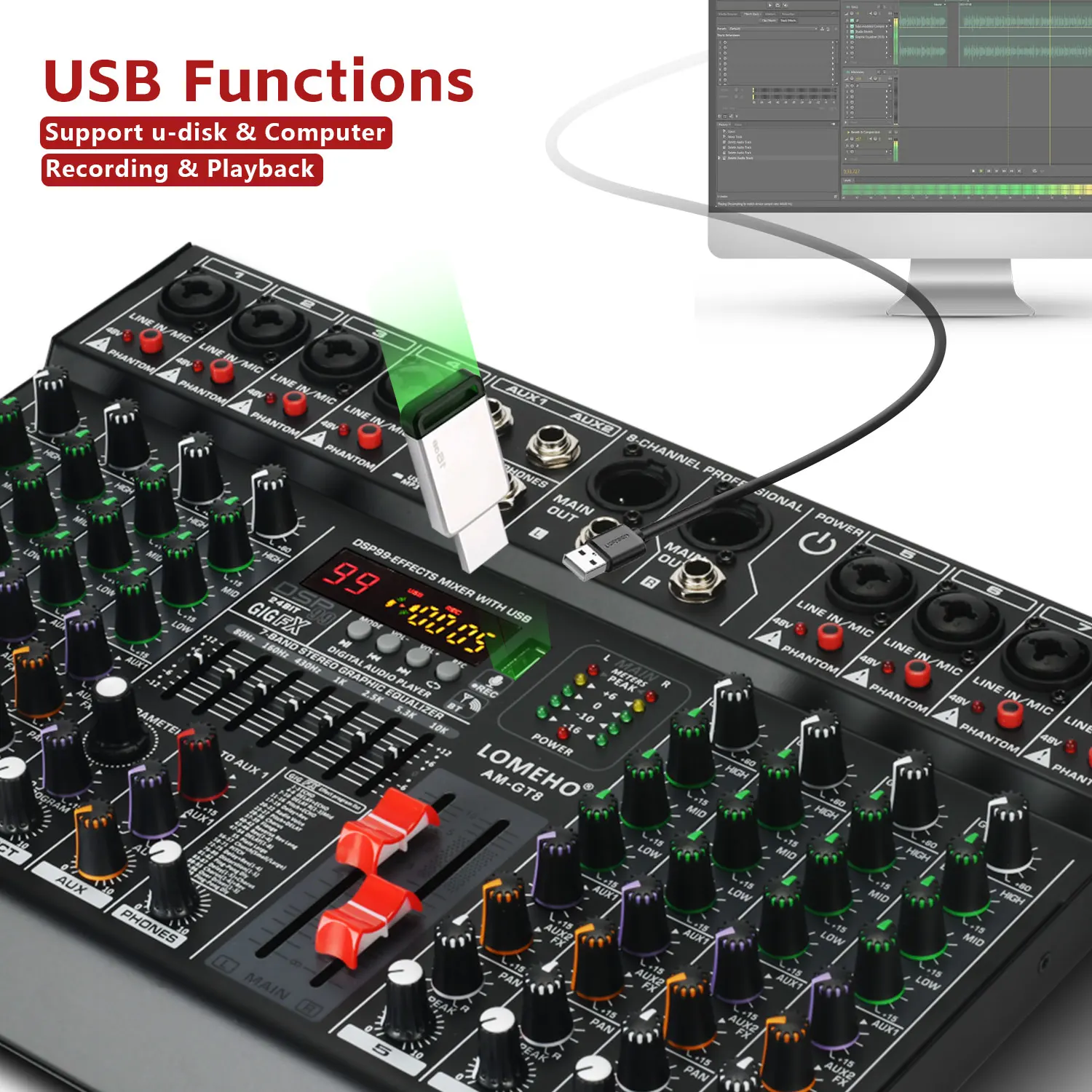 Imagem -05 - Channel Mixing Console Band eq Saída Aux 48v Audio Sound Mixer Usb Bluetooth Play Mix Table Am-gt8 99 Effect Lomeho8