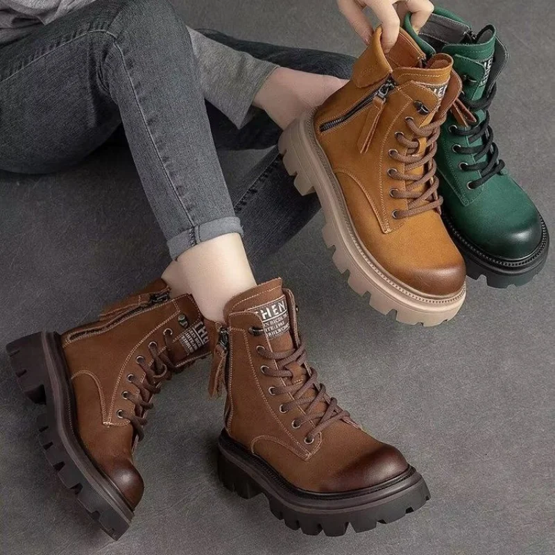 Botas Mujer Invierno 2022 New Autumn Winter Zip Round Toe Retro Handmade Leisure Ankle Boots Platform Shoes Zapatos De Mujer