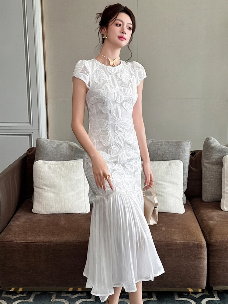 Roupas femininas noite renda branca bordado o pescoço fino fishtail vestido longo elegante senhora moda festa de aniversário robe novo