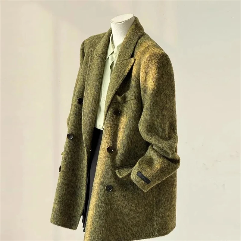 Women's Double-faced Woolen Coat Spring Autumn New Suit Collar Double Breasted Long Sleeve Temperament Commuting Purple Jacket