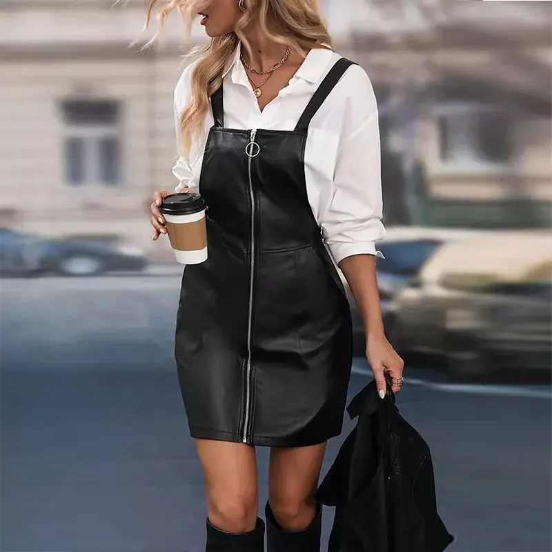 

Women's Matte Leather Adjustable Straps Dress Sexy Black Sleeveless Strap Over Knee Zip Up Dress Party Nightclub Customization