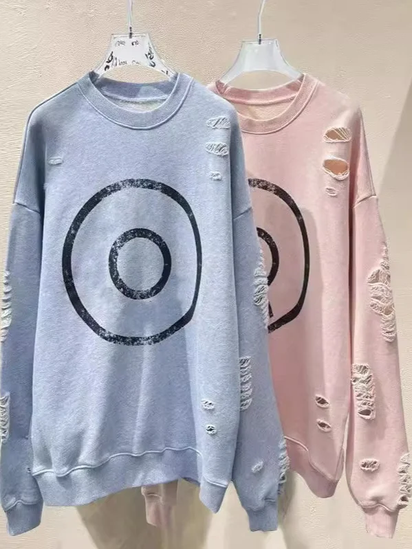 

Свитшот свободного кроя с круглым вырезом для мужчин и женщин, осенне-зимний, новый, с буквенным принтом, с рваными элементами, из смесового хлопка, удобный худи