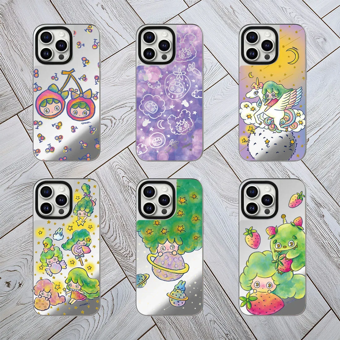 

Cartoon Gril Strawberry Silver Border Mirror Magnetic Phone Case Cover for IPhone 16 15 14 13 12 Pro Max Case