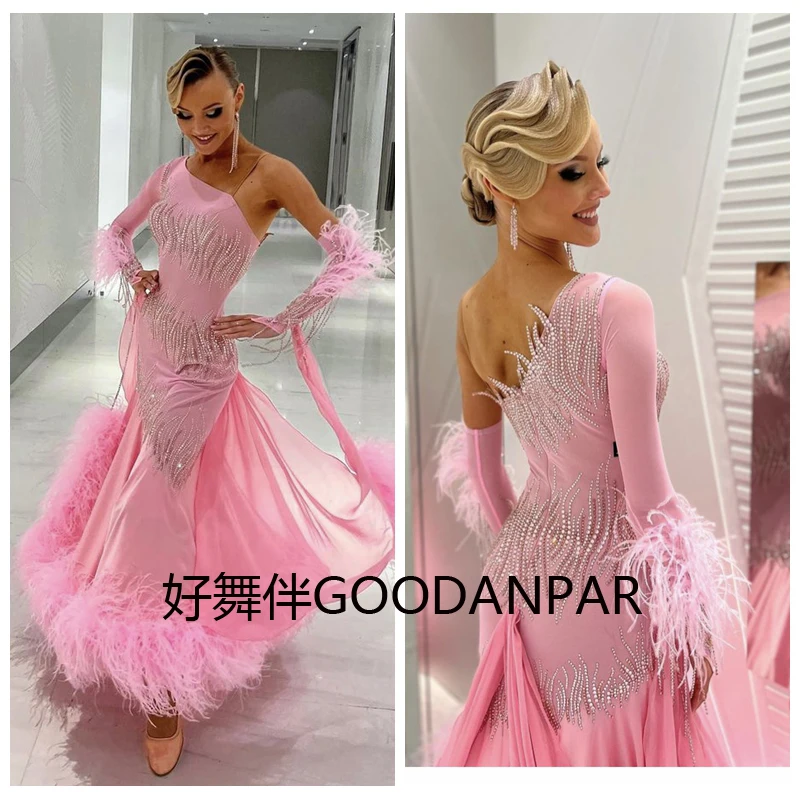 ballroom dance dress Modern dress Waltz Tango Ballroom Dance costumes standard dance dress pink ostrich Fethers