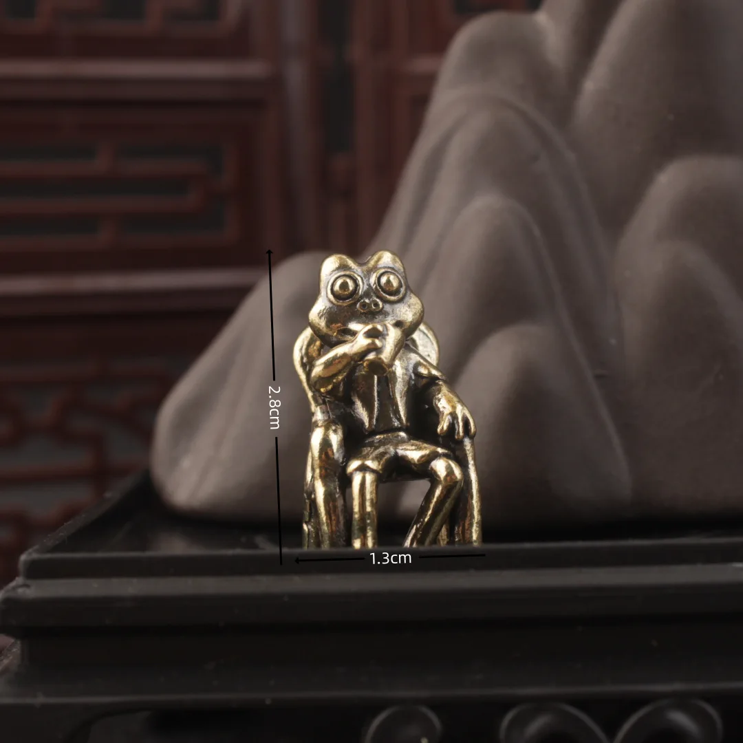 Solid Brass Office Table Small Ornament Mini Frog Sitting on Chair Drinking Tea Home Desktop Decoration Tea Pet for Gifts