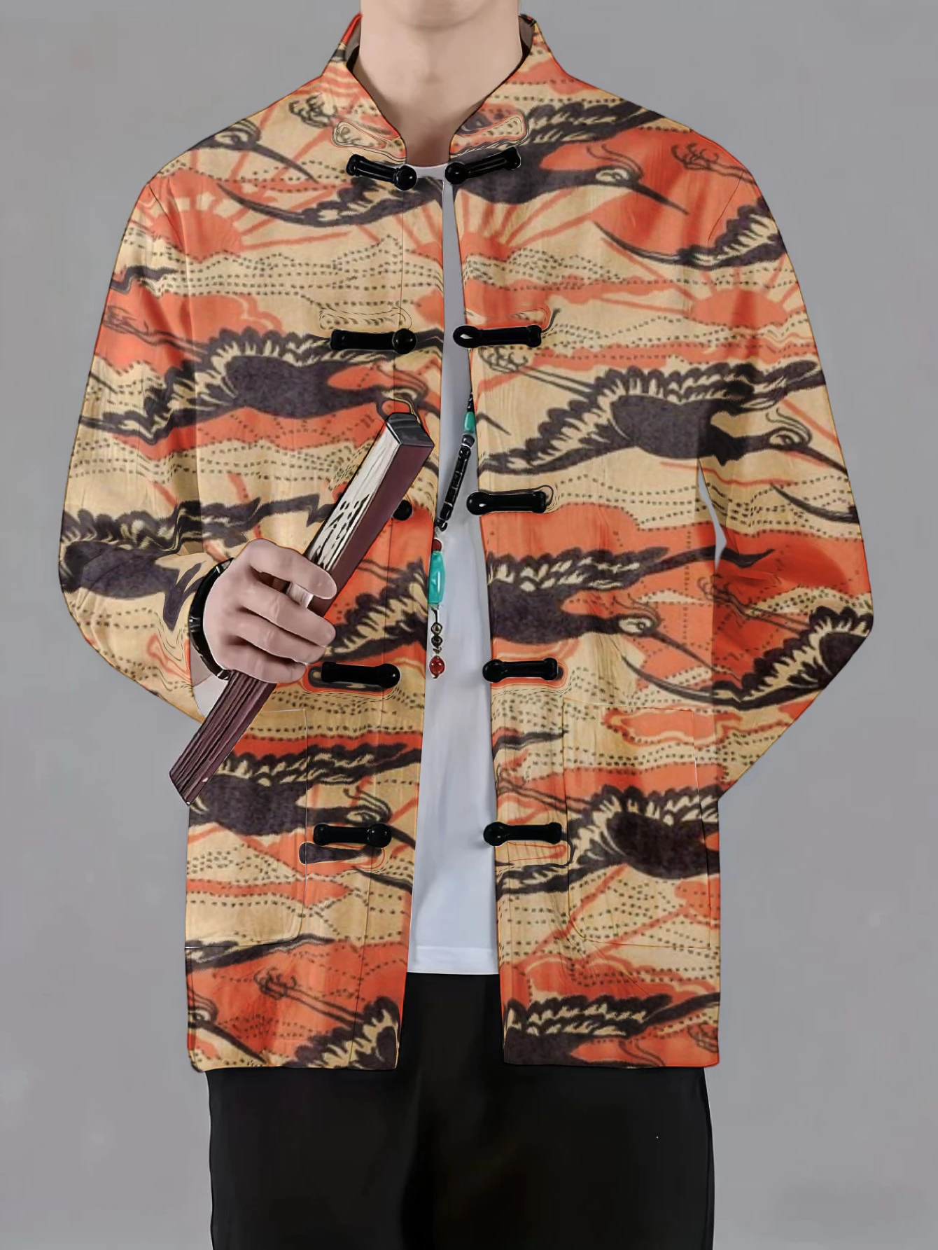 Men Mandarin Collar Frog Button Jacket Plaid Crane Octopus Art Print Traditional Outerwear