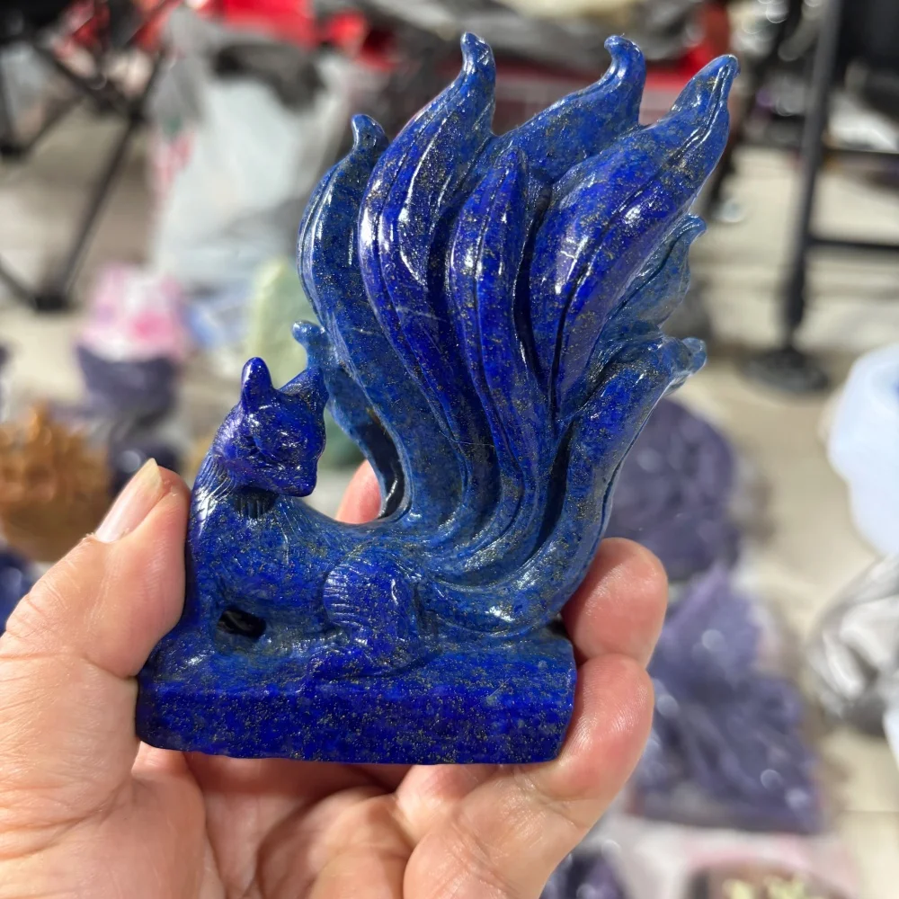 1PCS Natural Lapis Lazuli Quartz Nine-Tailed Fox Carving Crystal Fengshui Love Healing Home Decoration Gift for Holidays