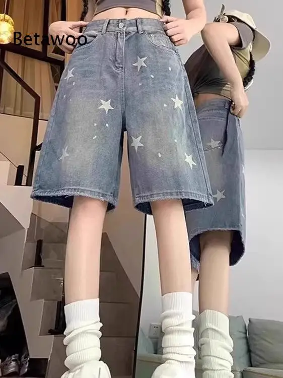 Women Retro Washed Star Print Denim Bermuda Shorts Loose Straight Leg Casual Mid Length Jeans
