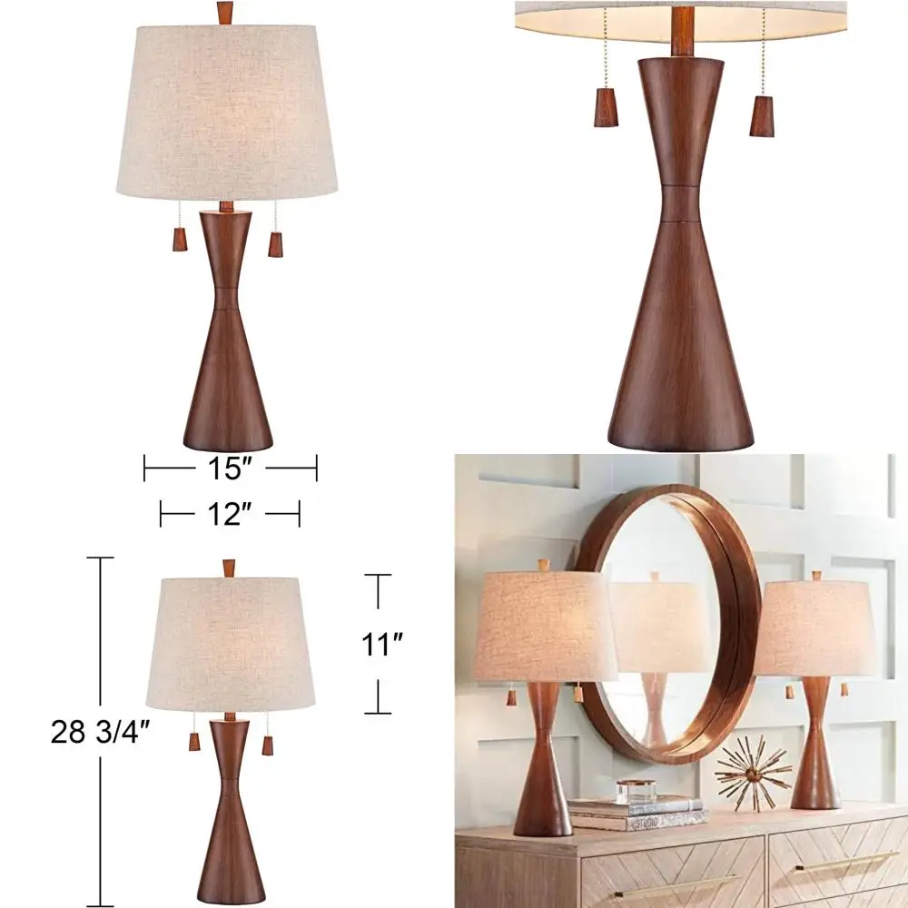 

Modern Table Lamp 28.75 Tall - Warm Brown Wood, Oatmeal Fabric Shade, Tapered Drum for Bedroom, Living Room
