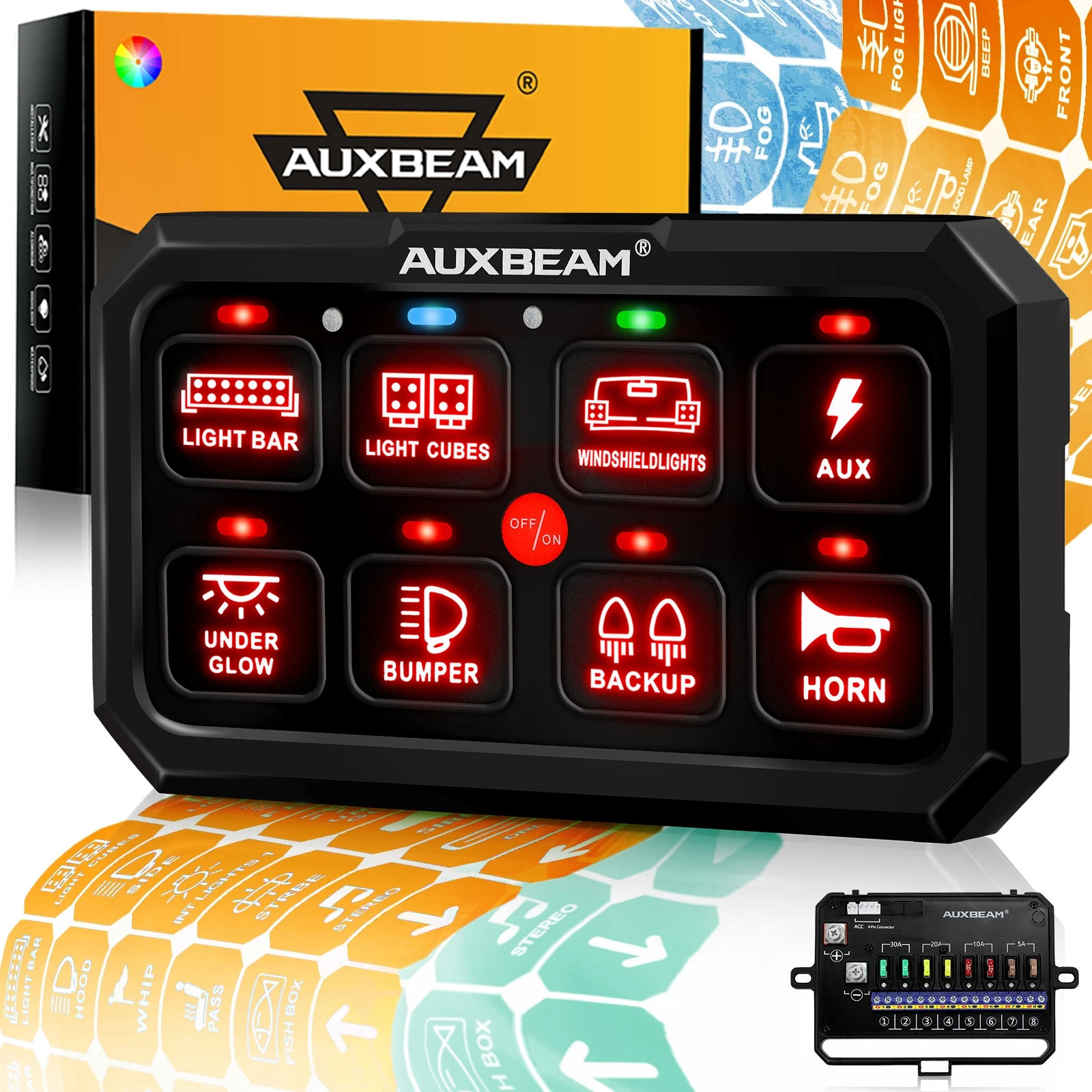 

AUXBEAM RA80 XL 8 Gangs RGB Switch Panel 1inch Button TOGGLE/ MOMENTARY/ PULSED Universal Electronic Lights On-Off Power Control