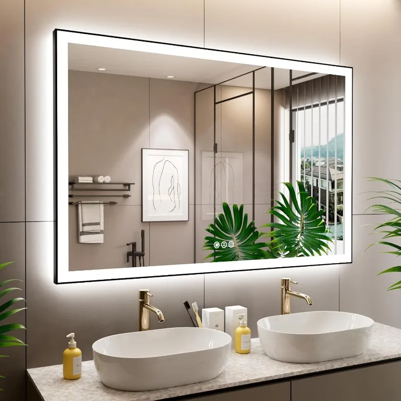 60x40 Inch LED Bathroom Mirror with Black Frame, Backlit and Front Lighted Bathroom Mirrors for Wall