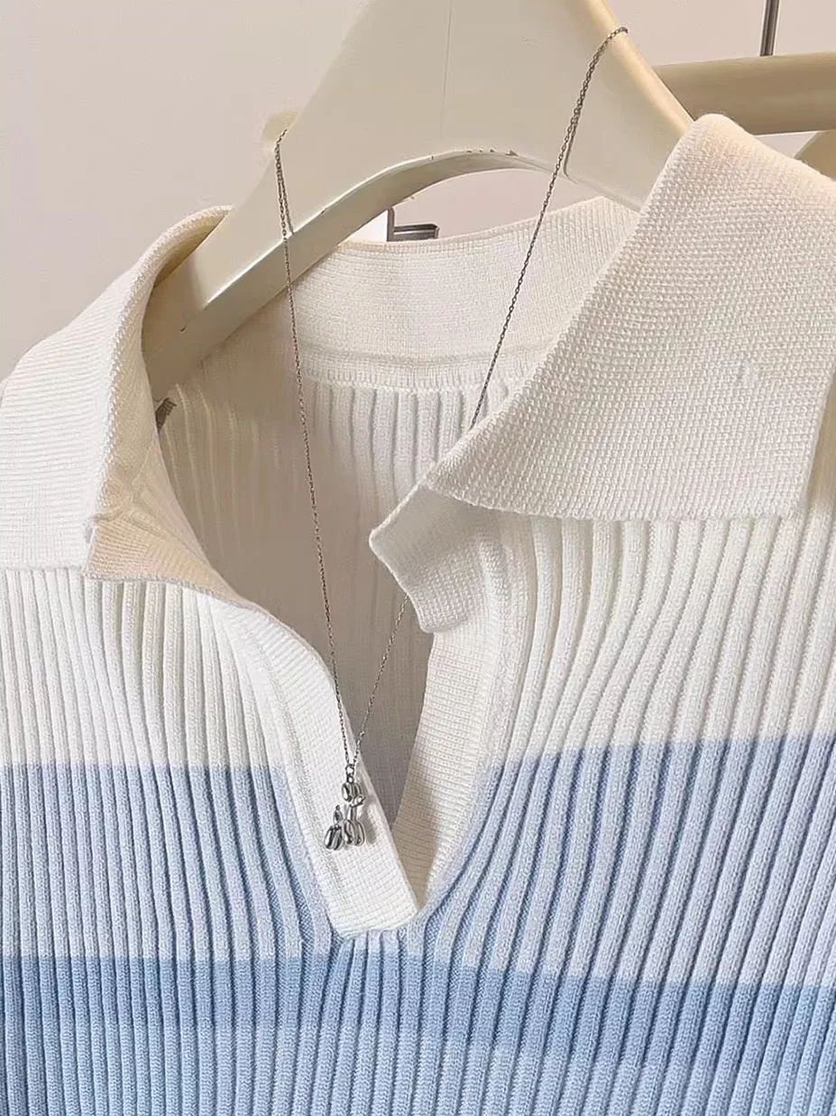 حجم كبير محبوك تي شيرت المرأة سليم صالح الداخلية irt عادية Sle طويل Sve مخطط طوق تي شيرت للتنقل الخريف #4