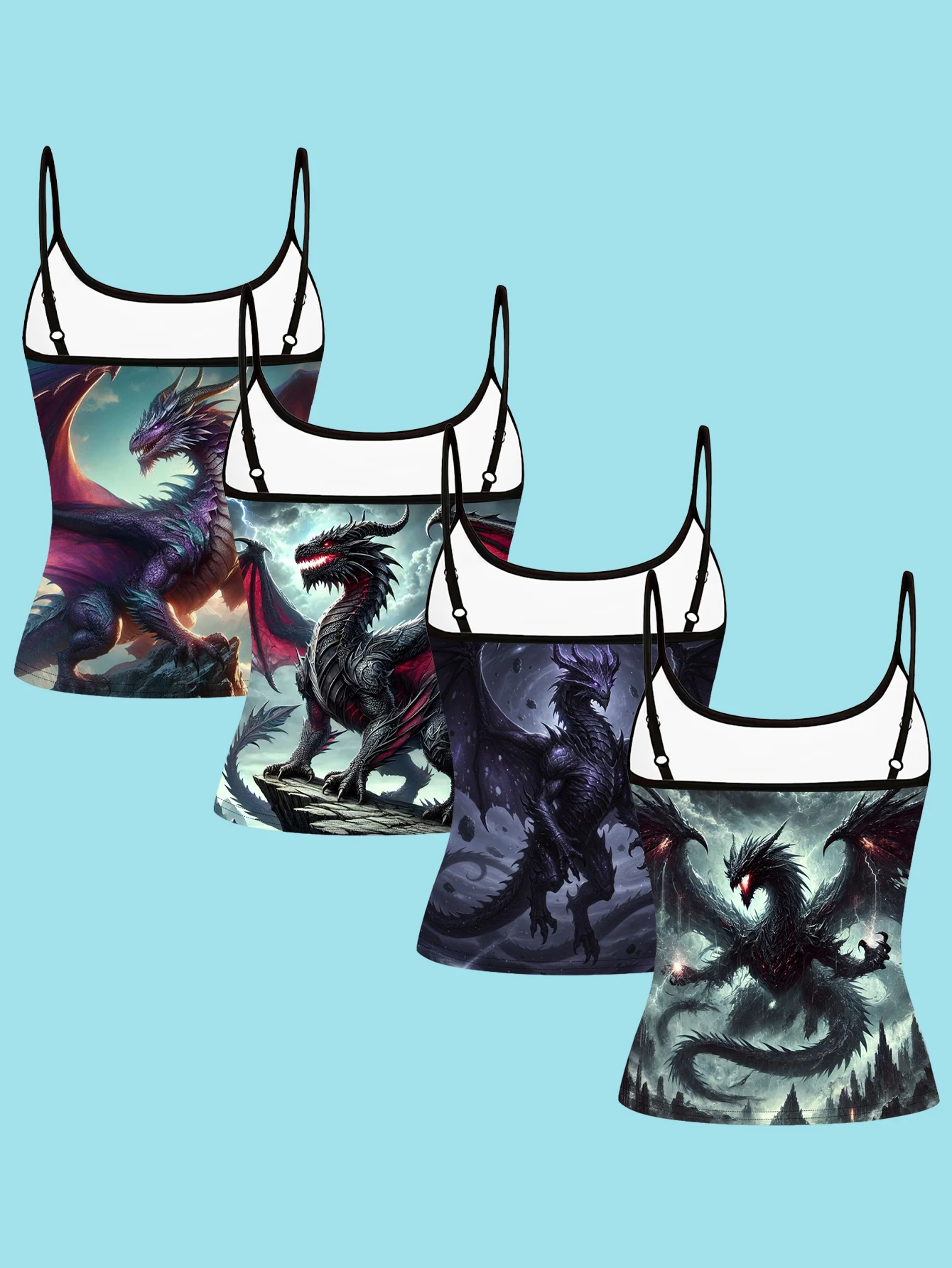 4-Piece Set of Women's Spaghetti Strap Camisoles with Dark Fantasy Western Dragon Art Print, Slim-Fit Sleeveless Tops, Gothic Trendy Outerwear and Inner Layering Shirts