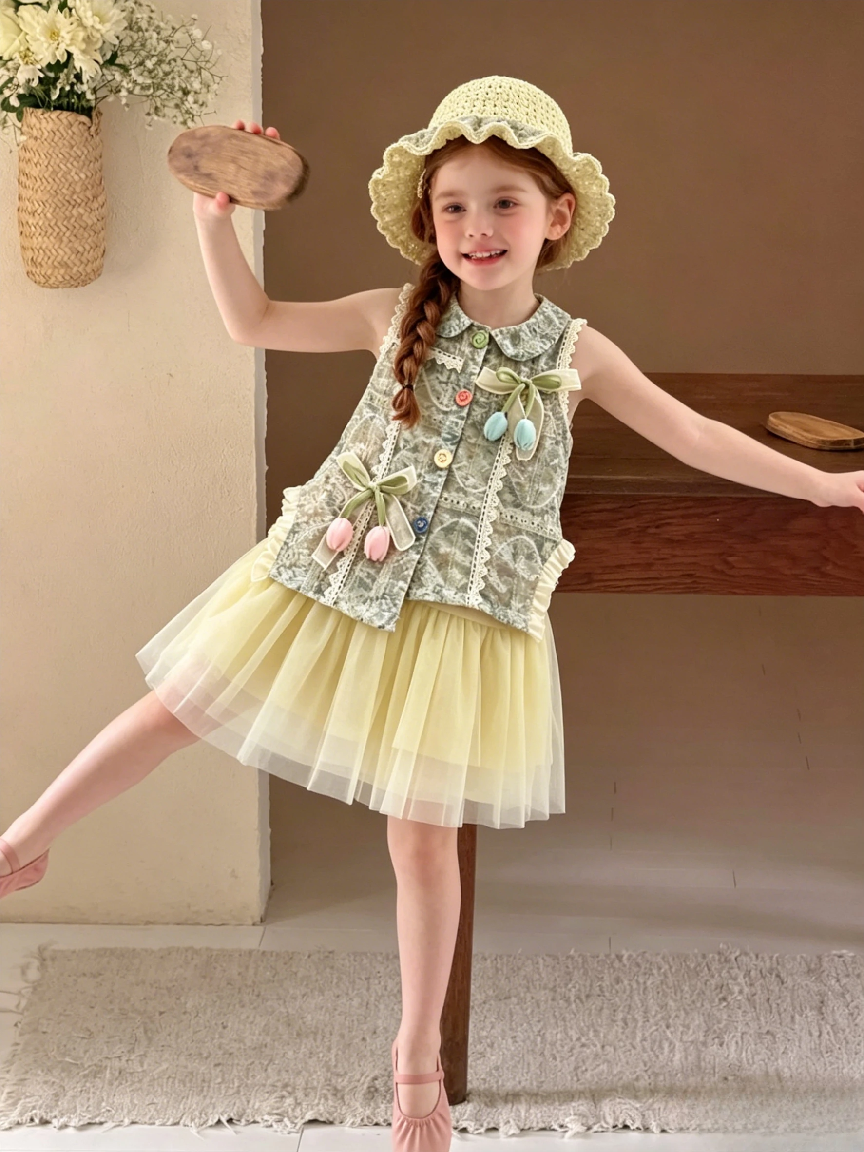 Girls Set Spring and Summer New Korean Version Three-dimensional Flower Dress Set Fashionable Casual Daily Stylish