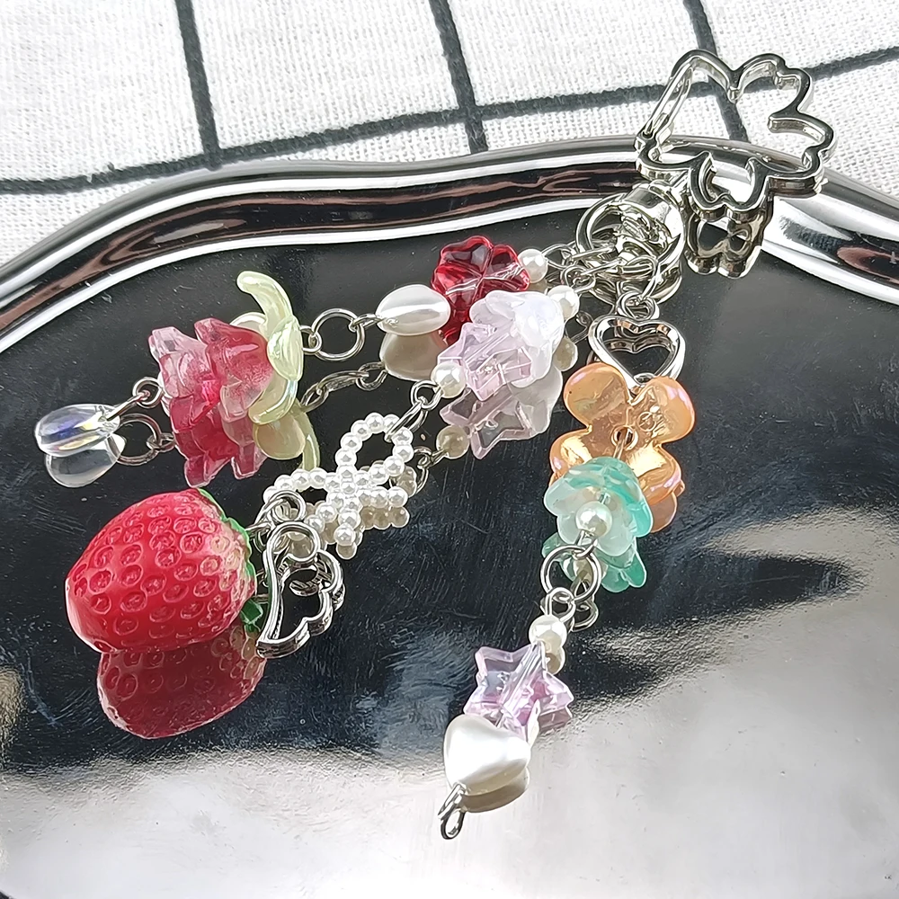 Cute Strawberry Bow Keychain Coquettish Fairytale Lily Of The Valley Keychain Y2K Original Design Key Pendant