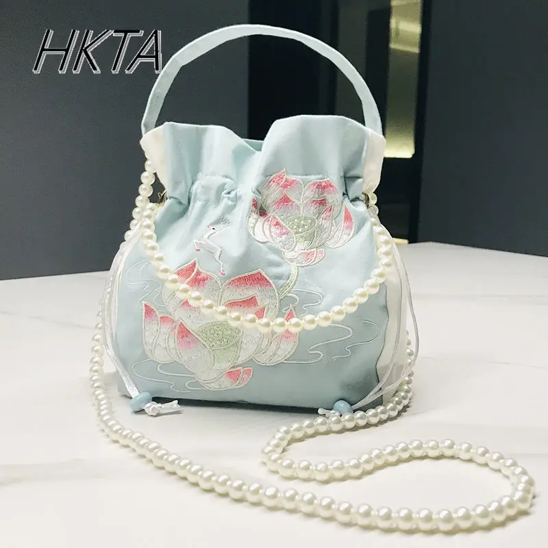 

Chinese Style New Flower Embroidery Oblique Span Handbag Women Antique Lolita Sweet Pearl Drawstring Contrasting Color Backpacks