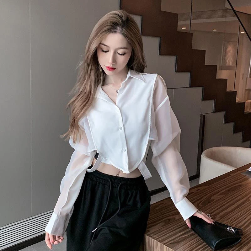 

Women Chiffon Shirt Korean Sexy Solid Thin Chic Lapel Long Sleeve Female Blouse Summer Fashion New All Match Button Ladies Tops