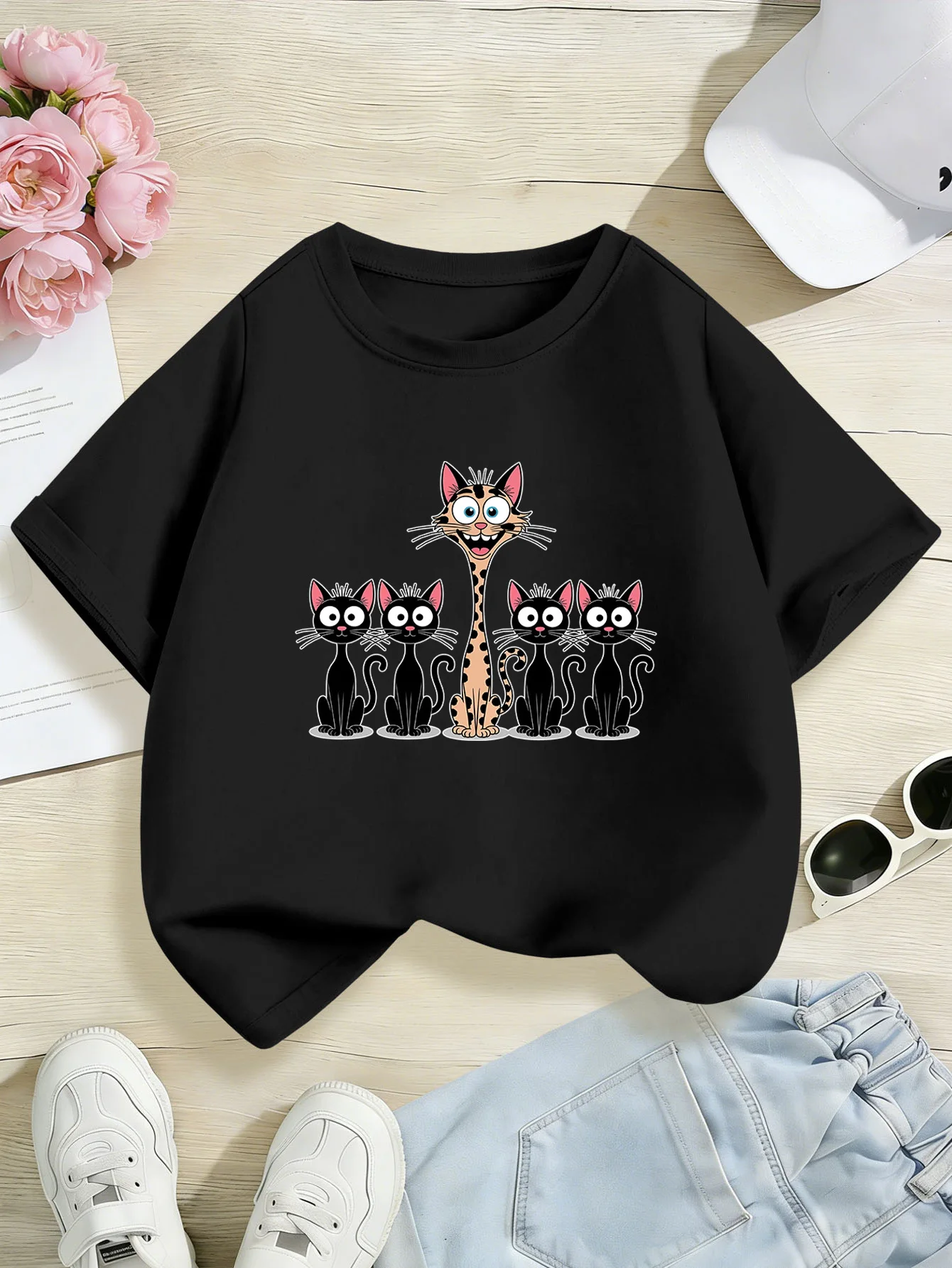 Cute Group Of Cartoon Cats Pattern Print Kids T Shirt Boys Girls Family Matching Parent Child Summer Crew Neck Casual Tee