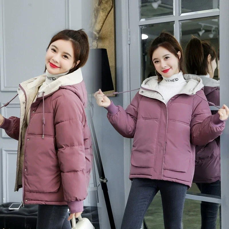 2025 Woman Students Long Sleeved Quilted Short Coats New Winter Thickened Warm Parkas Women Casual Hooded Cotton Padded Jacket