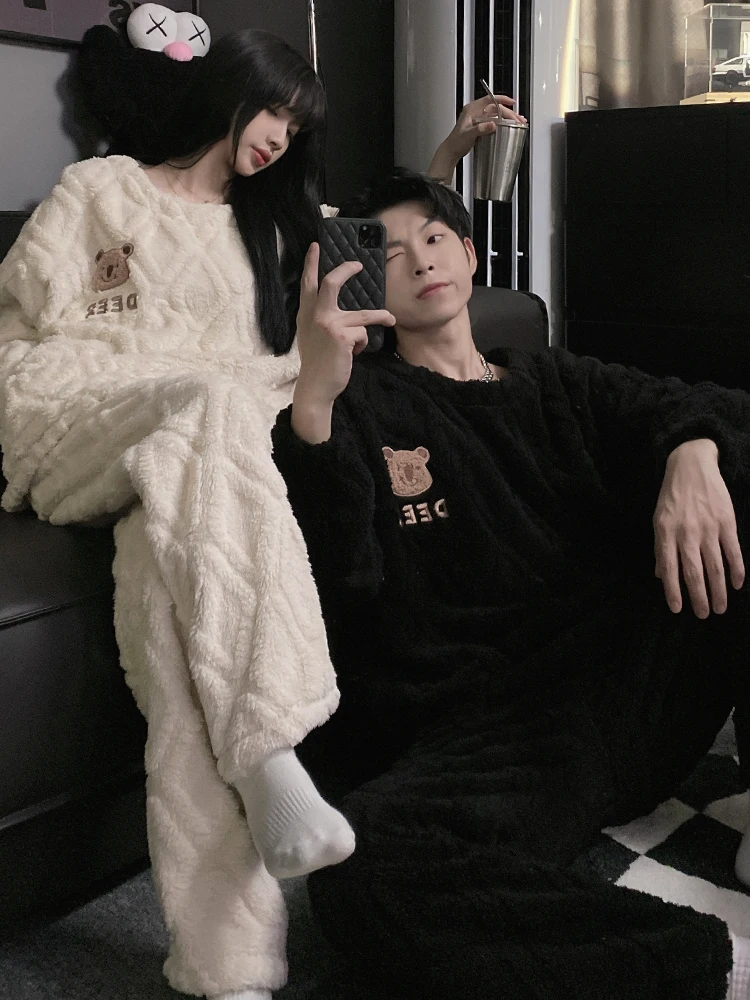 

DAIMELU bear coral fleece couple pajamas girls winter thickened men's flannel loungewear set women sleepwear suit male nightwear