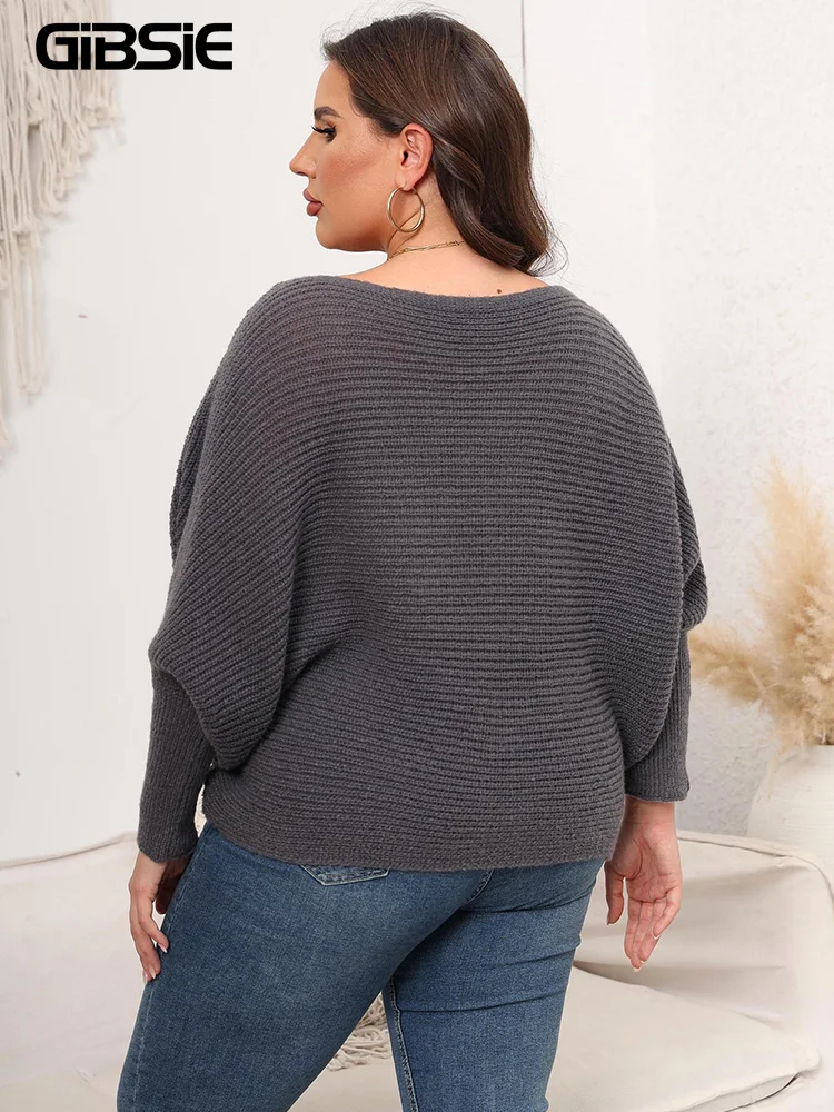 GIBSIE Plus Size bez ramion dzianinowy sweter damski 2023 jesienny Batwing z długim rękawem luźny pulower na co dzień sweter dla kobiet