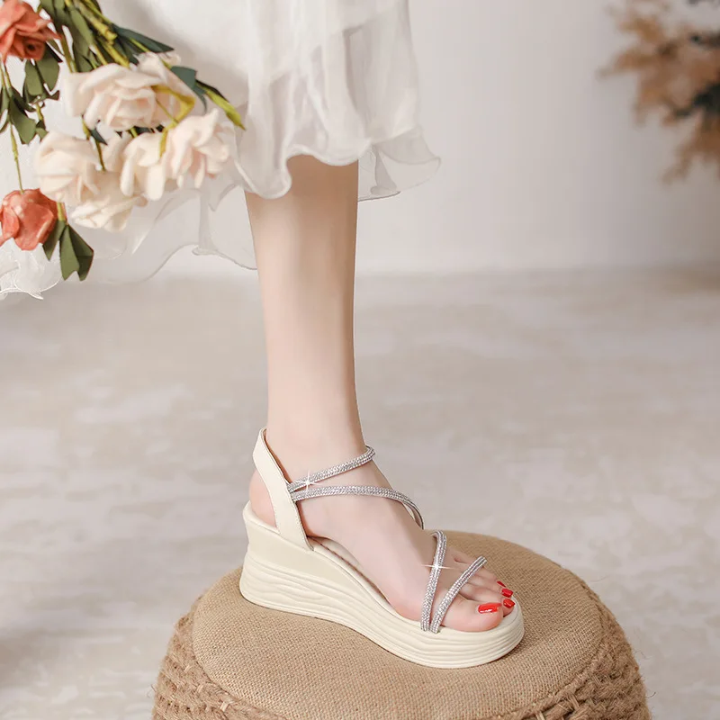 Size 31-39 Summer New Platform Thick Bottom Open Toe Women Sandals Wedge High Heel Rhinestone Sandals