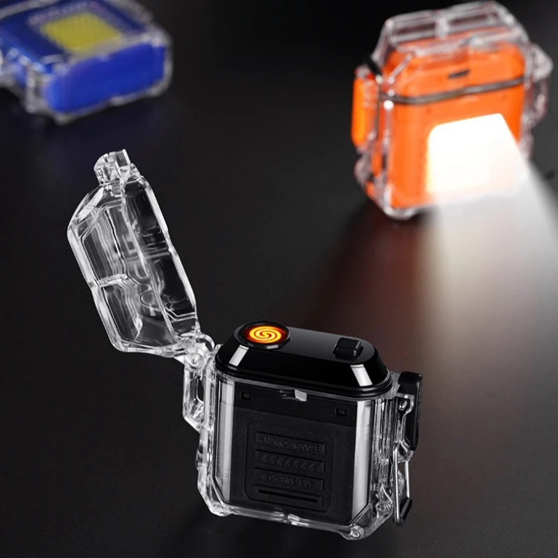 Waterproof LED USB Lighter, Transparent Shell Rechargeable Electric Lighter with Light, Windproof for Outdoor Smoke Accesoires