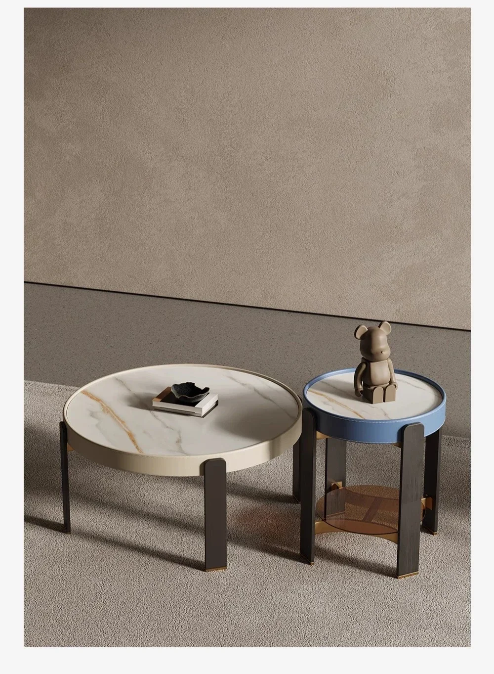 طاولة قهوة مستديرة من بلاطة الصخور لغرفة المعيشة، طاولة قهوة فاخرة وحديثة وبسيطة مصنوعة من الجلد #3