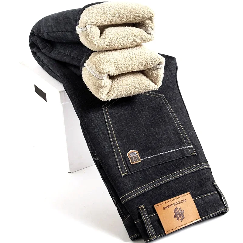 

Winter Lamb Fluff Denim Straight Pants Men Thicken Big Size 40 Jeans High Waist Stretch Jeansy Fleece Lined Warm Slim Vaqueros