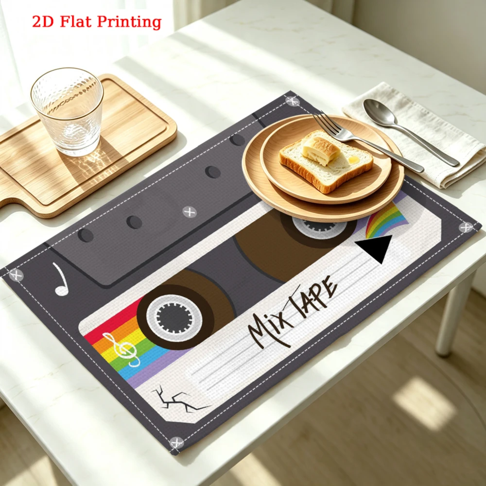 2Pcs Retro Cassette Tape Placemat Gray Rainbow Mix Tape Table Mat Kitchen Dining Decor Non Slip Heat Resistant 30X40Cm