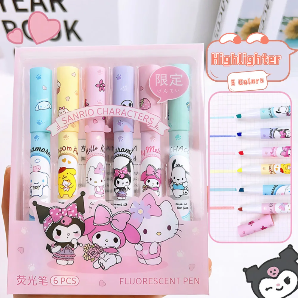 6Pcs/Set Kawaii Highlighter Set Pastel Colors Fluorescent Marker Pen Cute Soft Tip Highlighters for Student School Office Supply