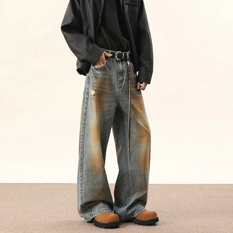 

New Korean fashion men's loose jeans Classic wasteland straight pants Y2K retro denim street wide leg pants