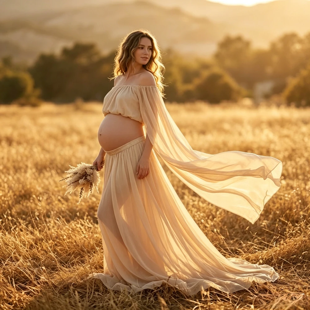 Off Shoulder Maternity Photography Gown Two Piece Set Chiffon Pregnant Women Maxi Dress For Photo Shoot Photo Studio Props - view 5