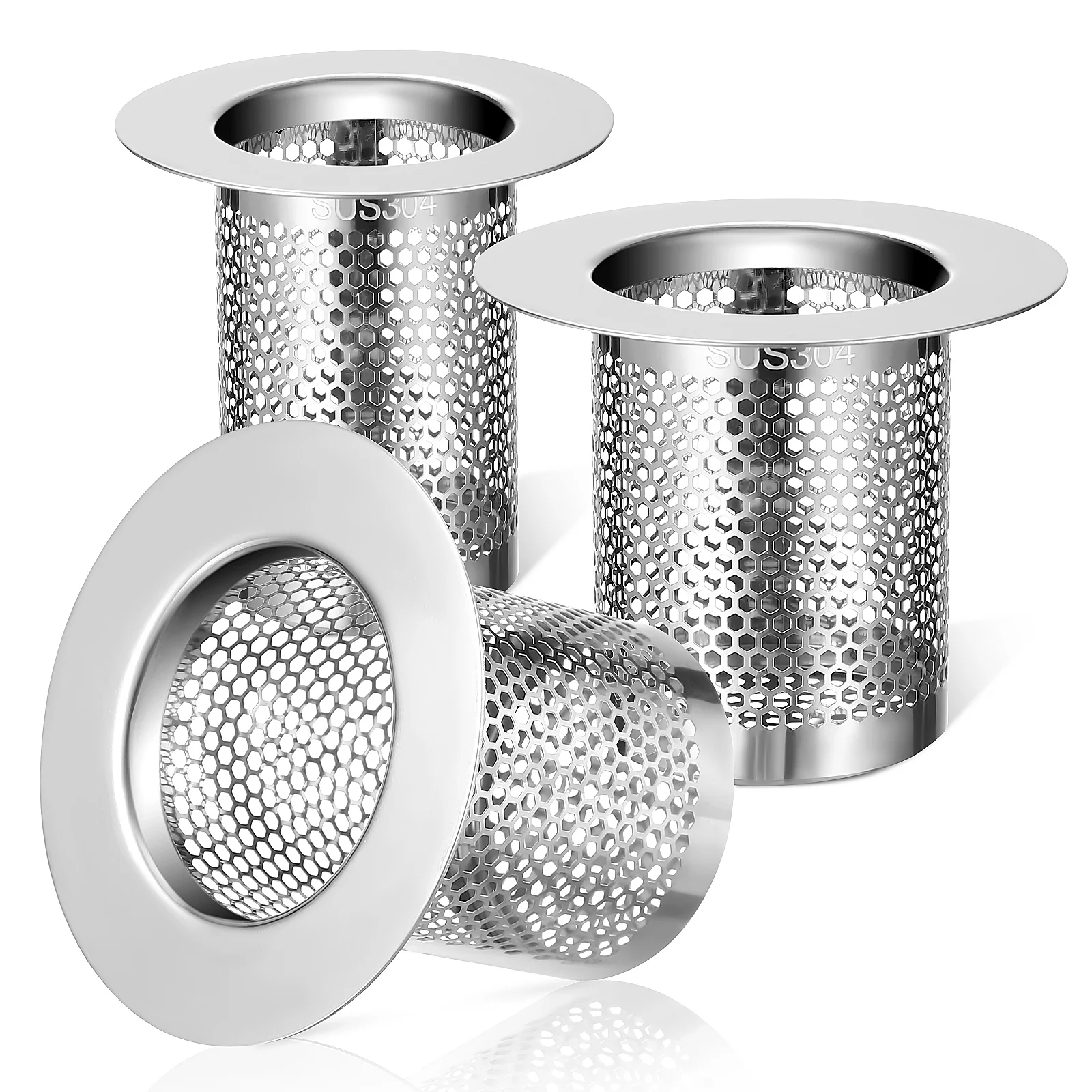 3 Pcs Sink 304 Stainless Steel Floor Drain Filter Stopper Tub Hair Strainer Basket Drainer