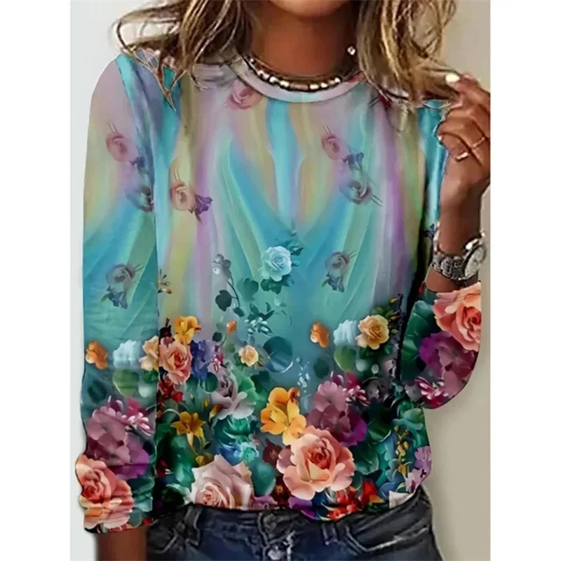 Fashion Colorful T Shirts For Women Fashion Casual Street Long Sleeve Tops O Neck Pullovers Florals 3D Women Tshirts Clothes