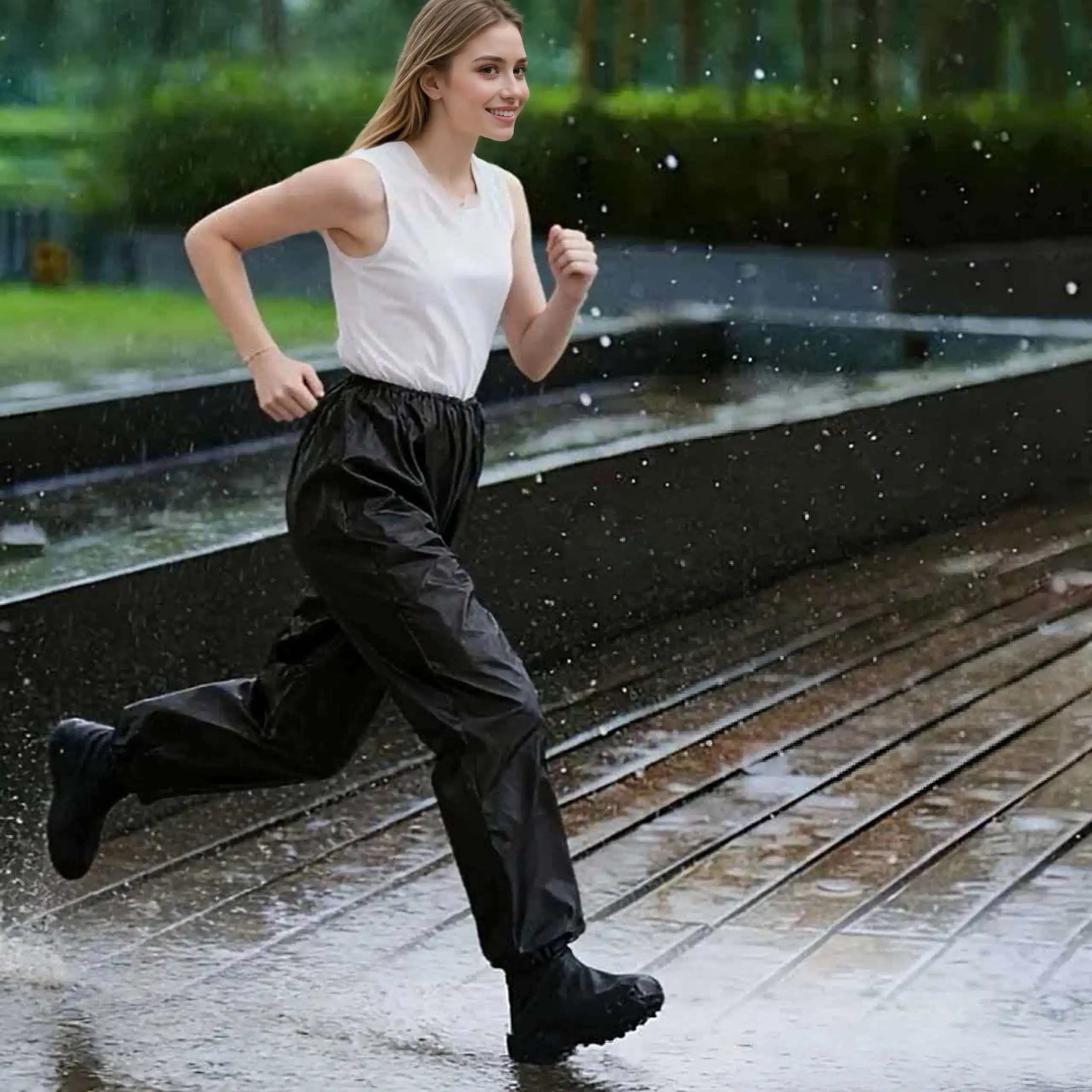 Adult lightweight rain pants with leg ties, waffle texture design, reusable, for rainy day cycling, fishing, and hiking